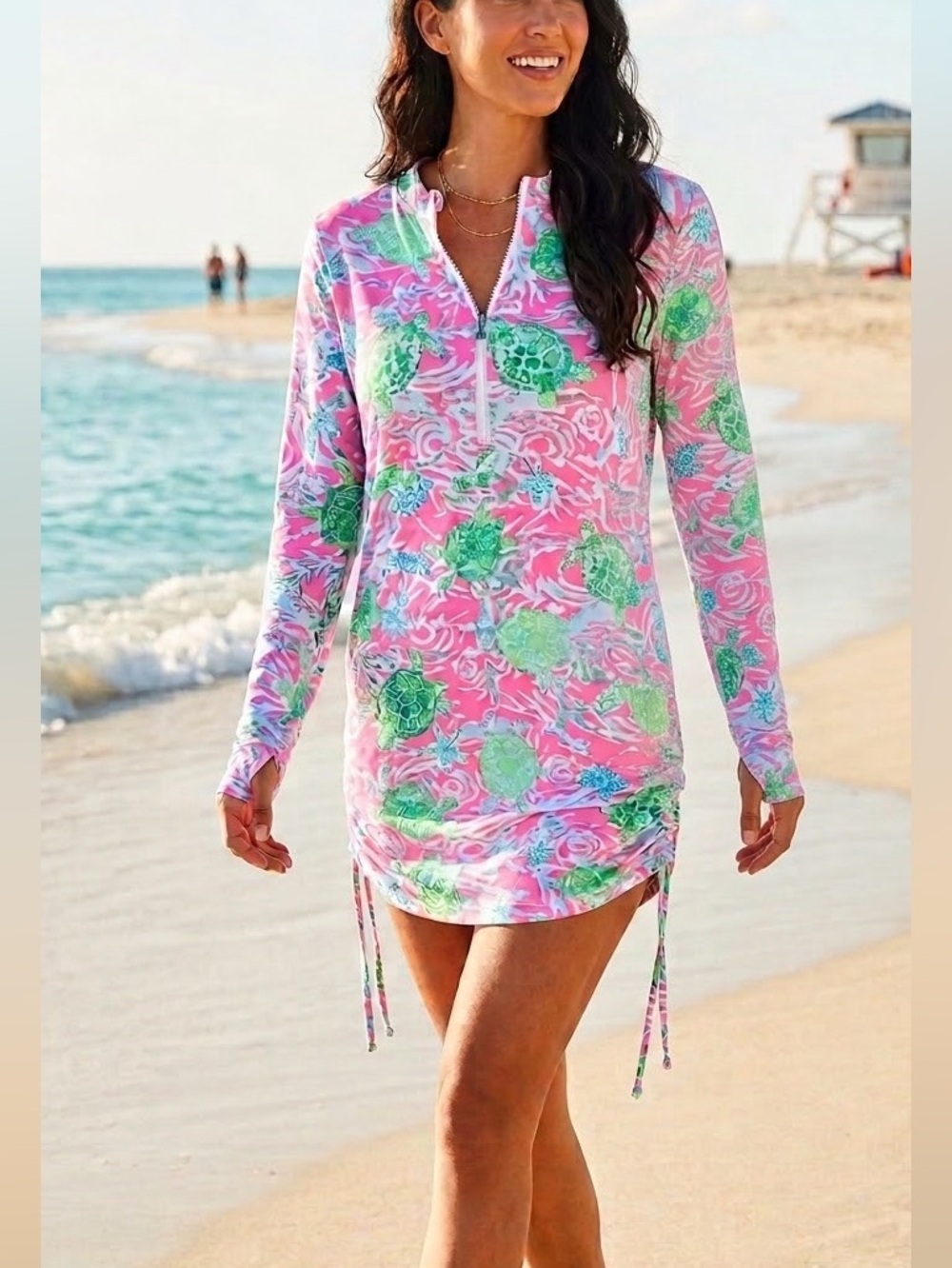 Banana Boat UPF 50+ dress pink green turtle starfish long sleeves beach coverup